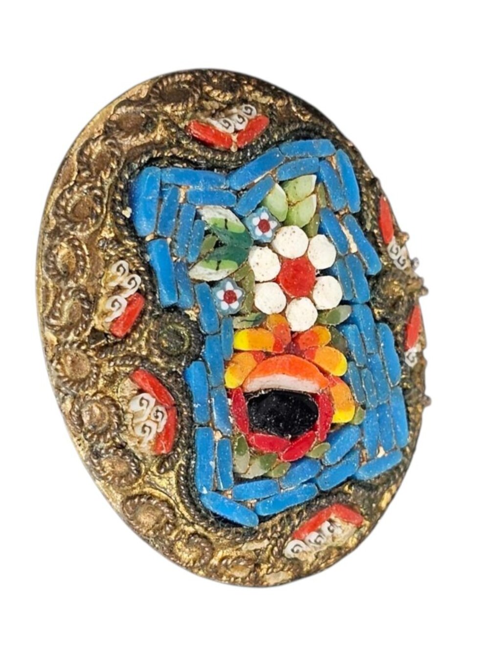 Micro Mosaic Flower Brooch Gold Tone Multi Color Made In Italy Art Deco VTG - Picture 3 of 7